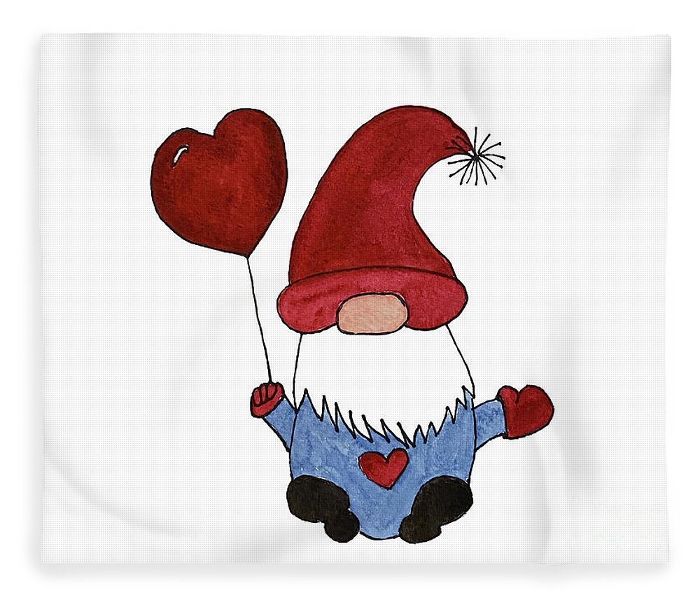 Valentine's Day Fleece Blanket featuring the mixed media Gnome with Red Hat by Lisa Neuman