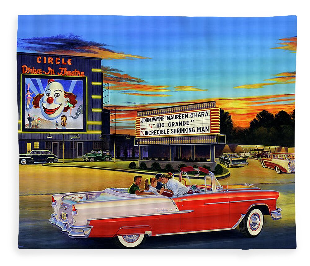 Circle Drive-in Theatre Fleece Blanket featuring the painting Goin' Steady - The Circle Drive-In Theatre by Randy Welborn