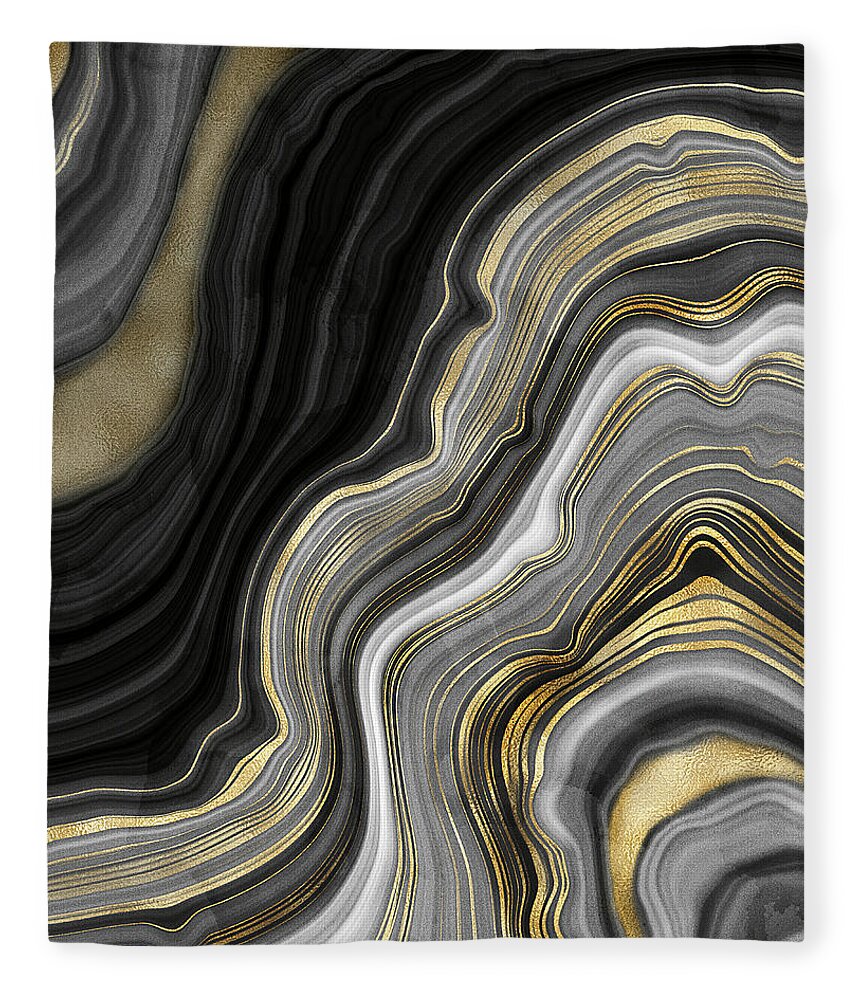 Gold And Black Agate Fleece Blanket featuring the painting Gold And Black Agate by Modern Art