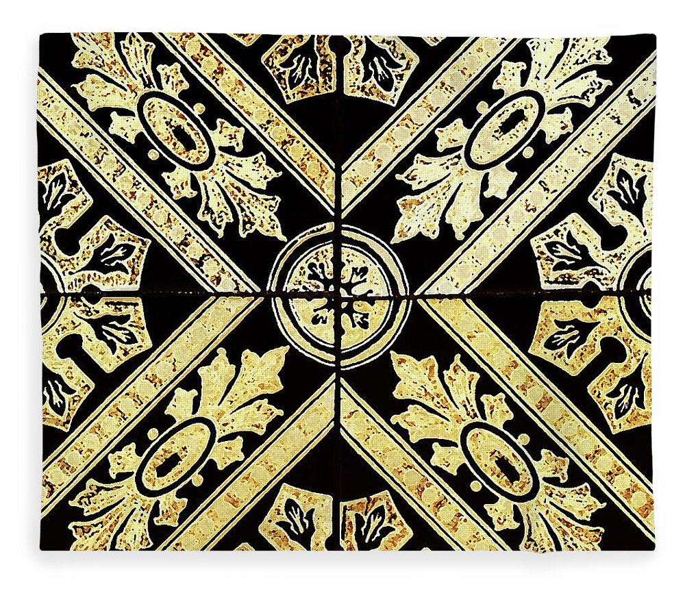 Gold Tiles Fleece Blanket featuring the digital art Gold On Black Tiles Mosaic Design Decorative Art IV by Irina Sztukowski