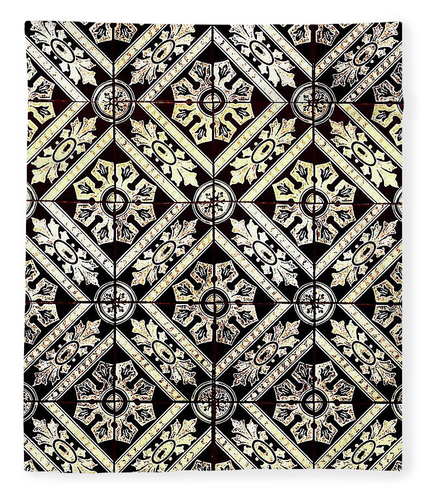Gold Tiles Fleece Blanket featuring the digital art Gold On Black Tiles Mosaic Design Decorative Art VI by Irina Sztukowski