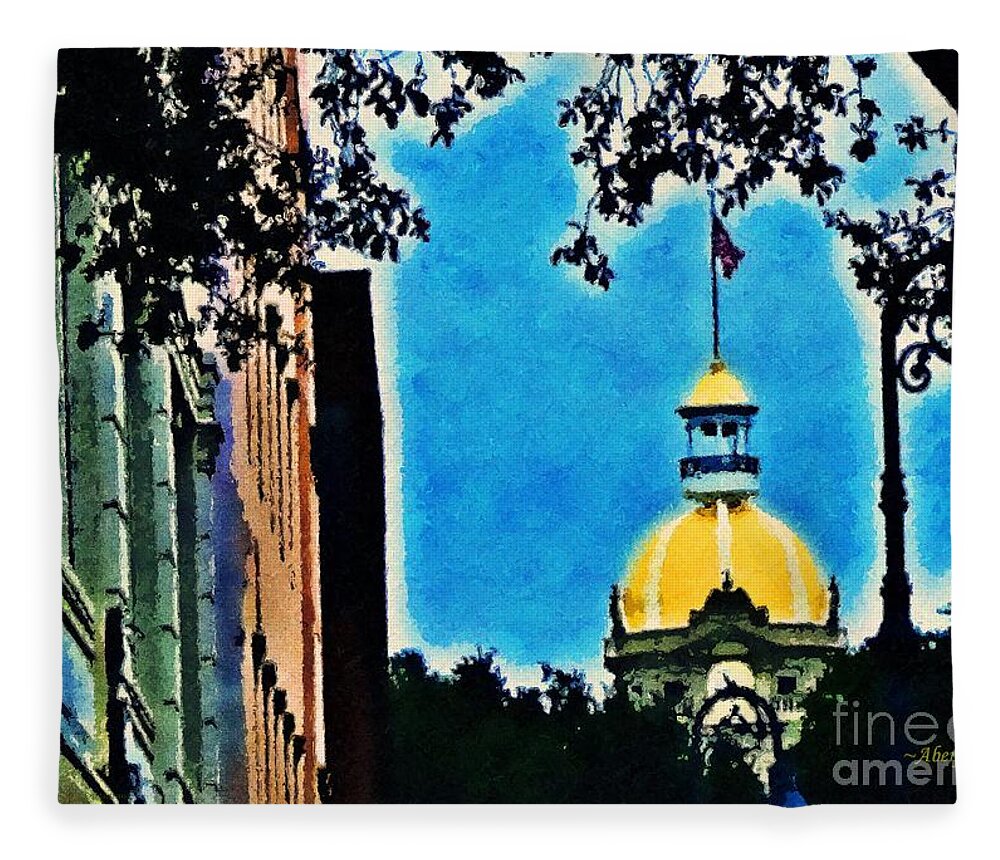 Fine Art Digital Photograph Fleece Blanket featuring the photograph Golden Dome of Savannah City Hall by Aberjhani