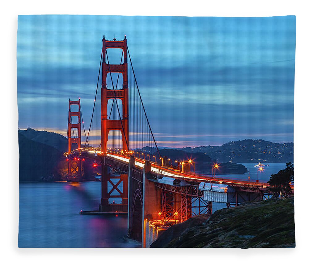 Shoreline Fleece Blanket featuring the photograph Golden Gate At Nightfall by Jonathan Nguyen