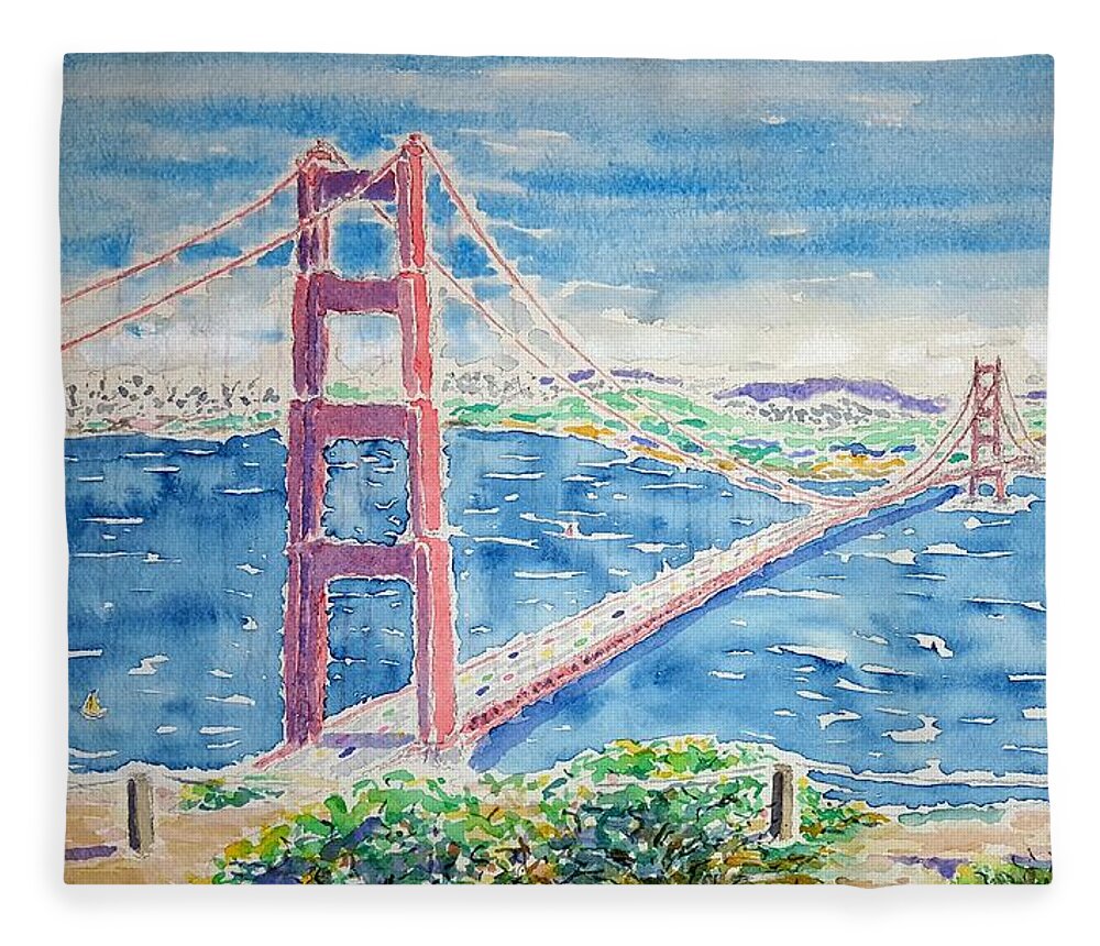 Watercolor Fleece Blanket featuring the painting Golden Gate Vista by John Klobucher
