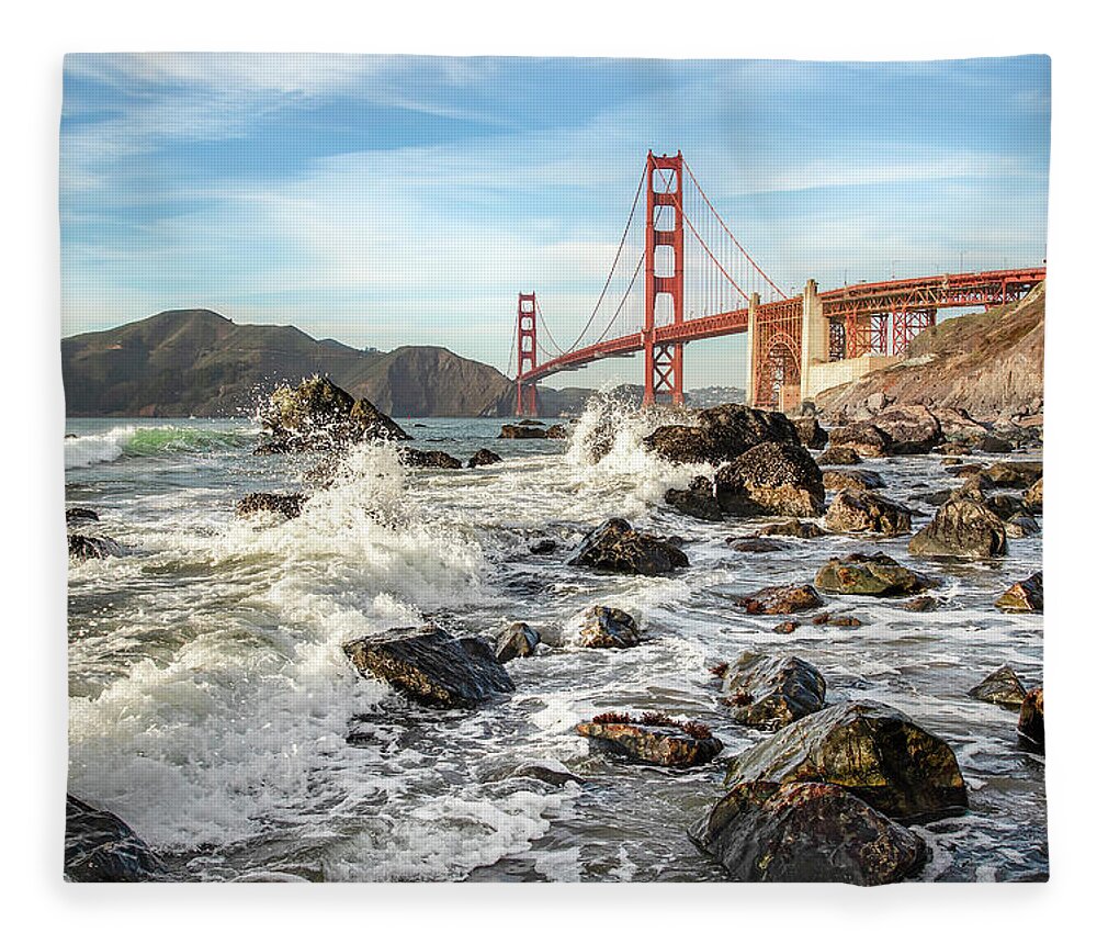 Golden Gate Bridge Fleece Blanket featuring the photograph Golden Splash by Gary Geddes