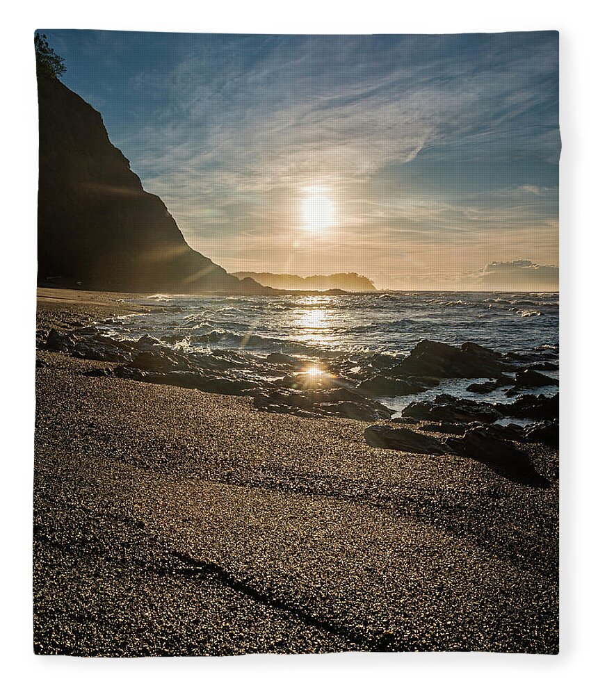 Central America Fleece Blanket featuring the photograph Golden sunlight reflection on sand beach at Punta Samara by Henri Leduc