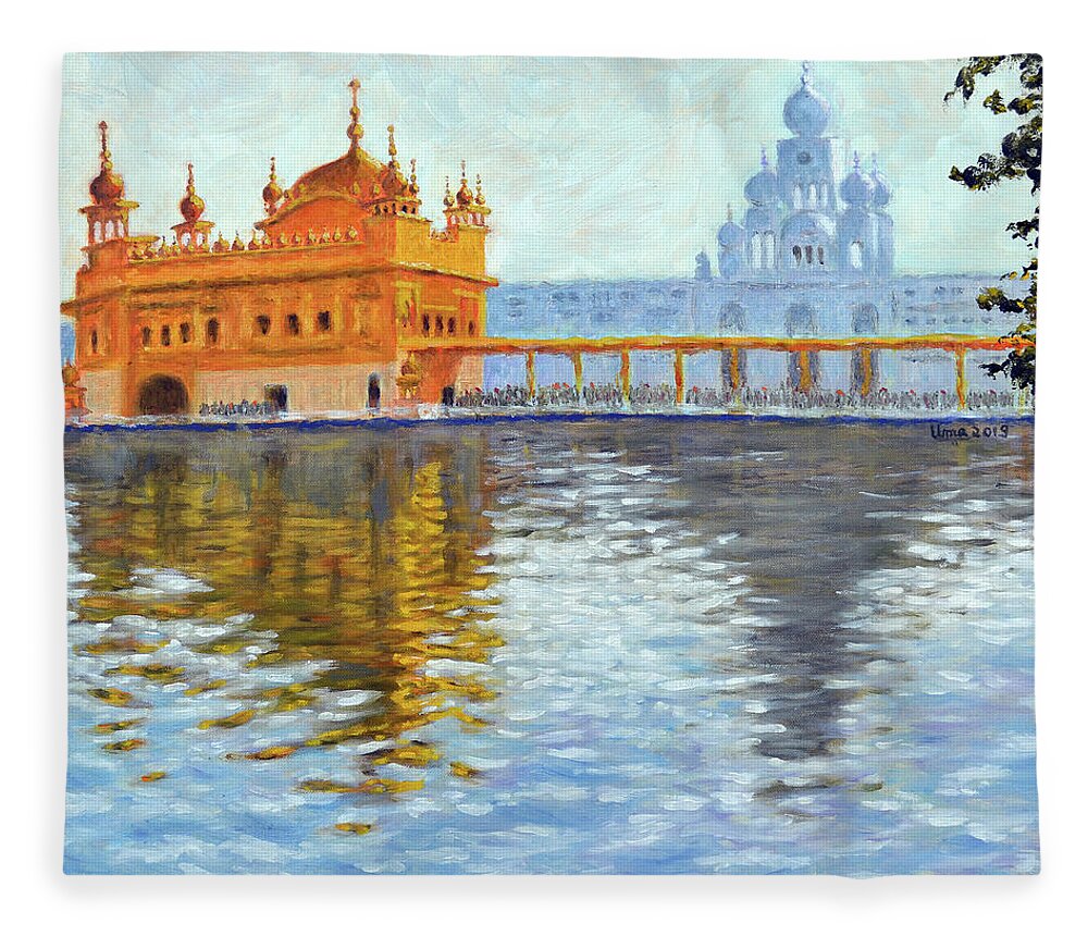 Golden Temple Fleece Blanket featuring the painting Golden temple series 1 by Uma Krishnamoorthy