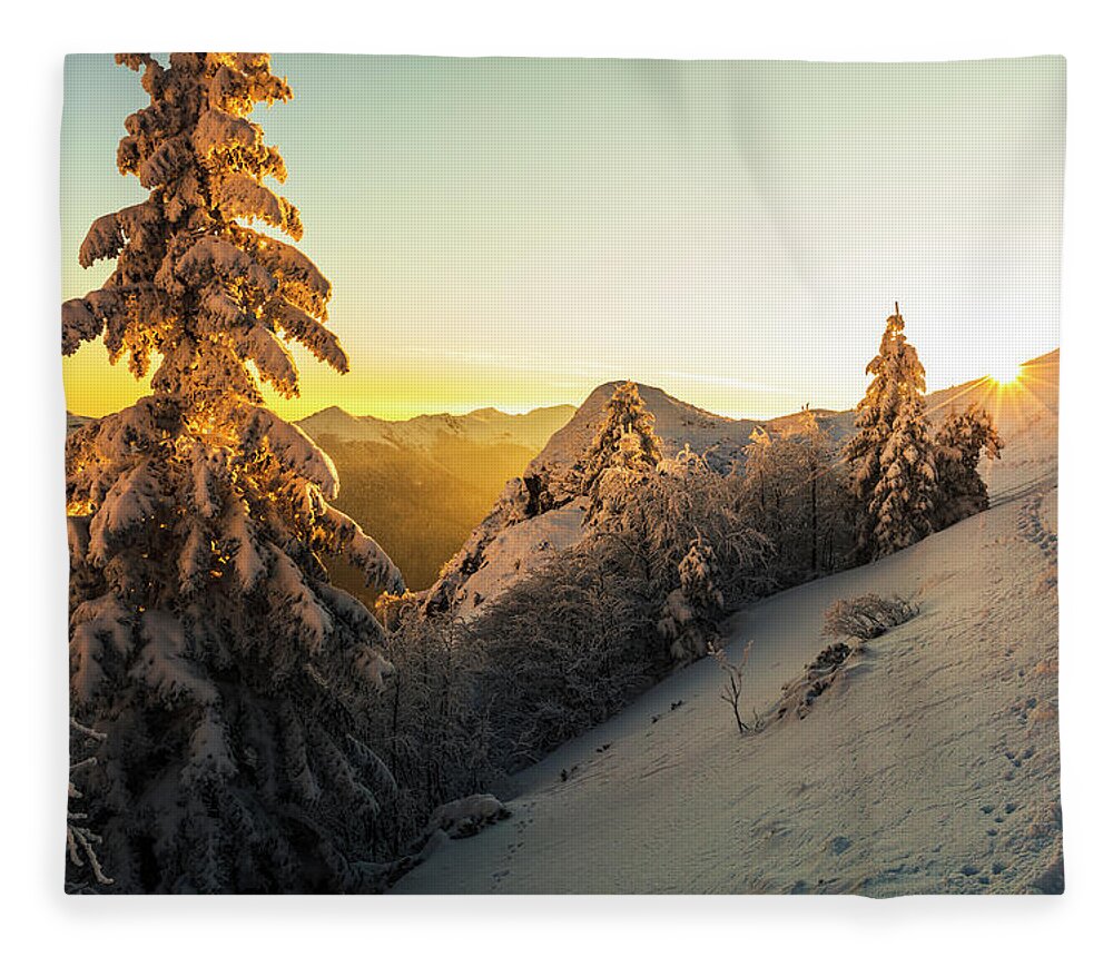 Balkan Mountains Fleece Blanket featuring the photograph Golden Winter by Evgeni Dinev
