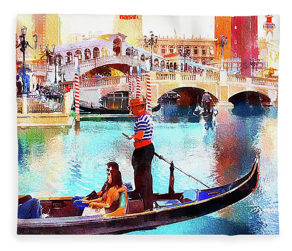 Venice Las Vegas Fleece Blanket featuring the mixed media Gondola rides at the Venetian Las Vegas by Tatiana Travelways