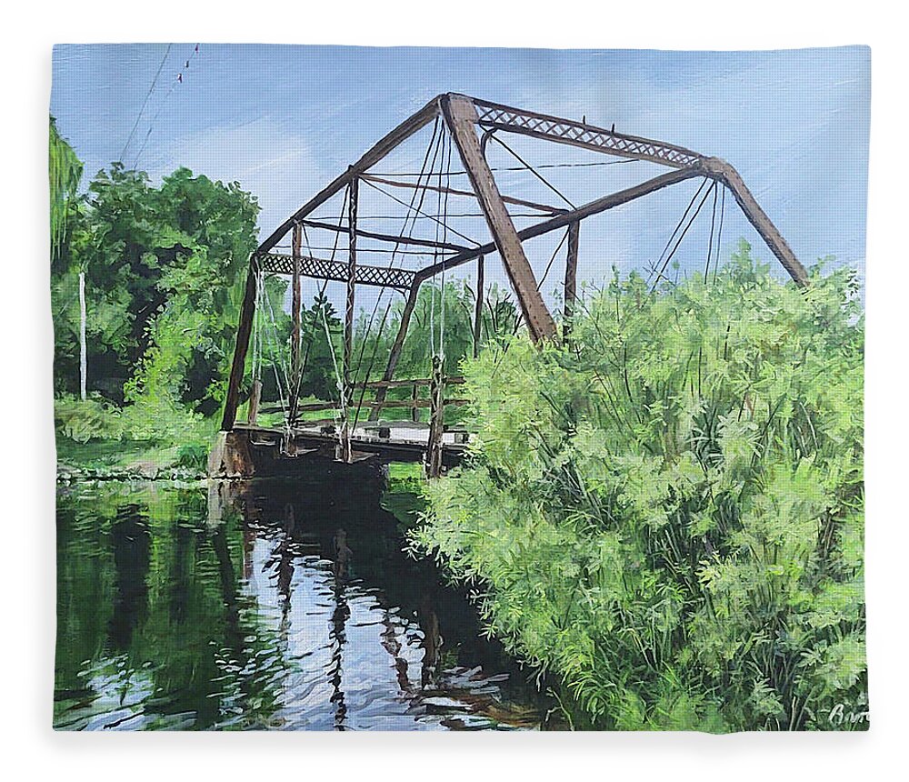 Bridge Fleece Blanket featuring the painting Gone Fishing by William Brody