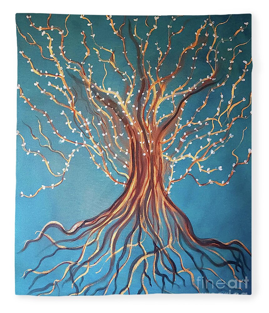 Tree Fleece Blanket featuring the painting Good Roots Bear Fruits by Artist Linda Marie