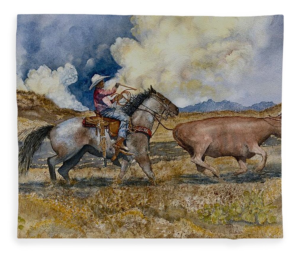 Rodeo Fleece Blanket featuring the painting Gotcha by John Glass