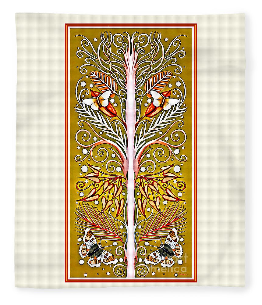 Espalier Fleece Blanket featuring the tapestry - textile Grafted Espalier Plant in Gold, White, Red and Pink by Lise Winne