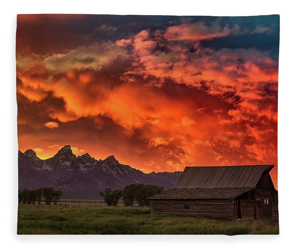 Tetons Fleece Blanket featuring the photograph Grand Sunset in the Tetons by Jon Glaser