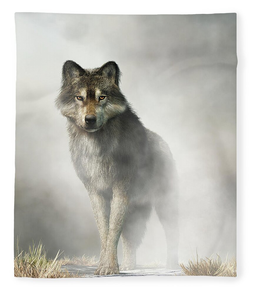 Wolf Fleece Blanket featuring the digital art Gray Wolf in Fog by Daniel Eskridge