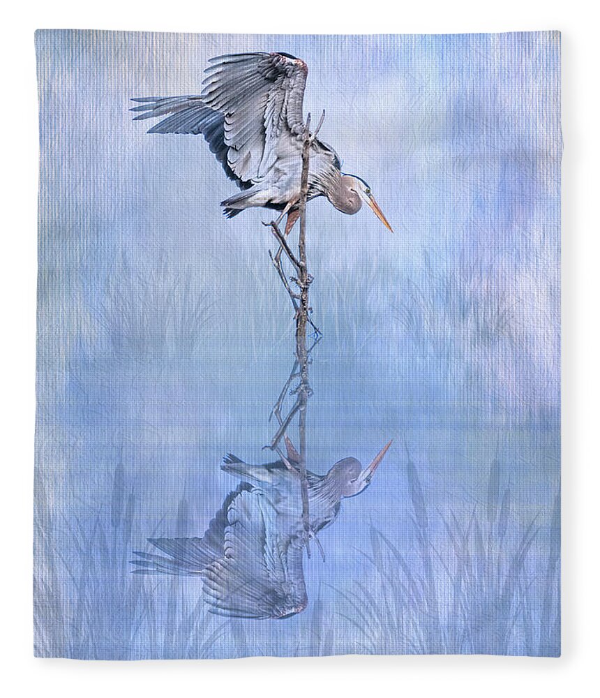 Great Blue Heron Fleece Blanket featuring the photograph Great Blue Heron Texture Reflection - Vertical by Patti Deters