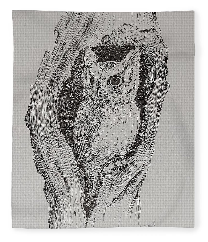 Owl Fleece Blanket featuring the drawing Great Horned Owl by ML McCormick