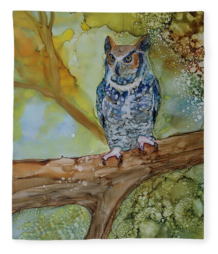 Owl Fleece Blanket featuring the painting Great Horned Owl by Ruth Kamenev