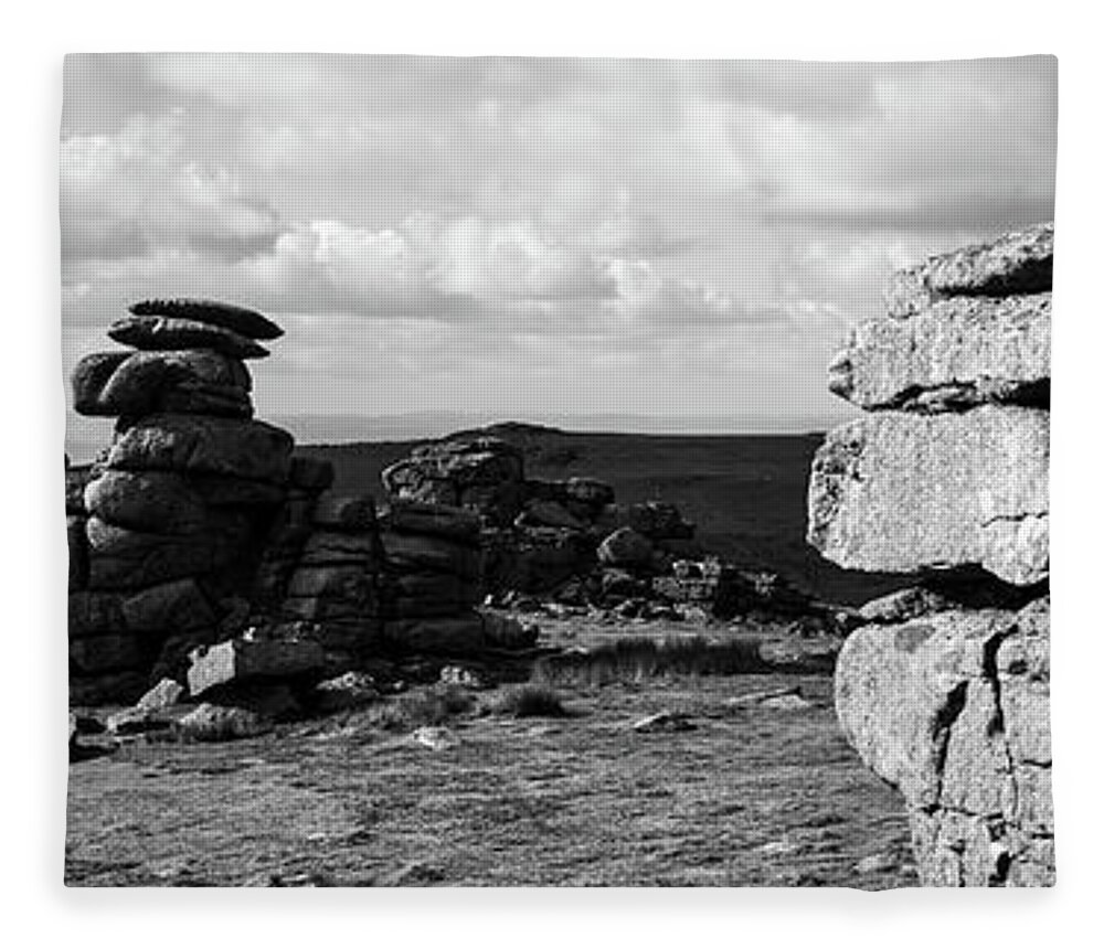 Devon Fleece Blanket featuring the photograph Great Staple Tor Dartmoor National Park England Panorama Black And White by Sonny Ryse