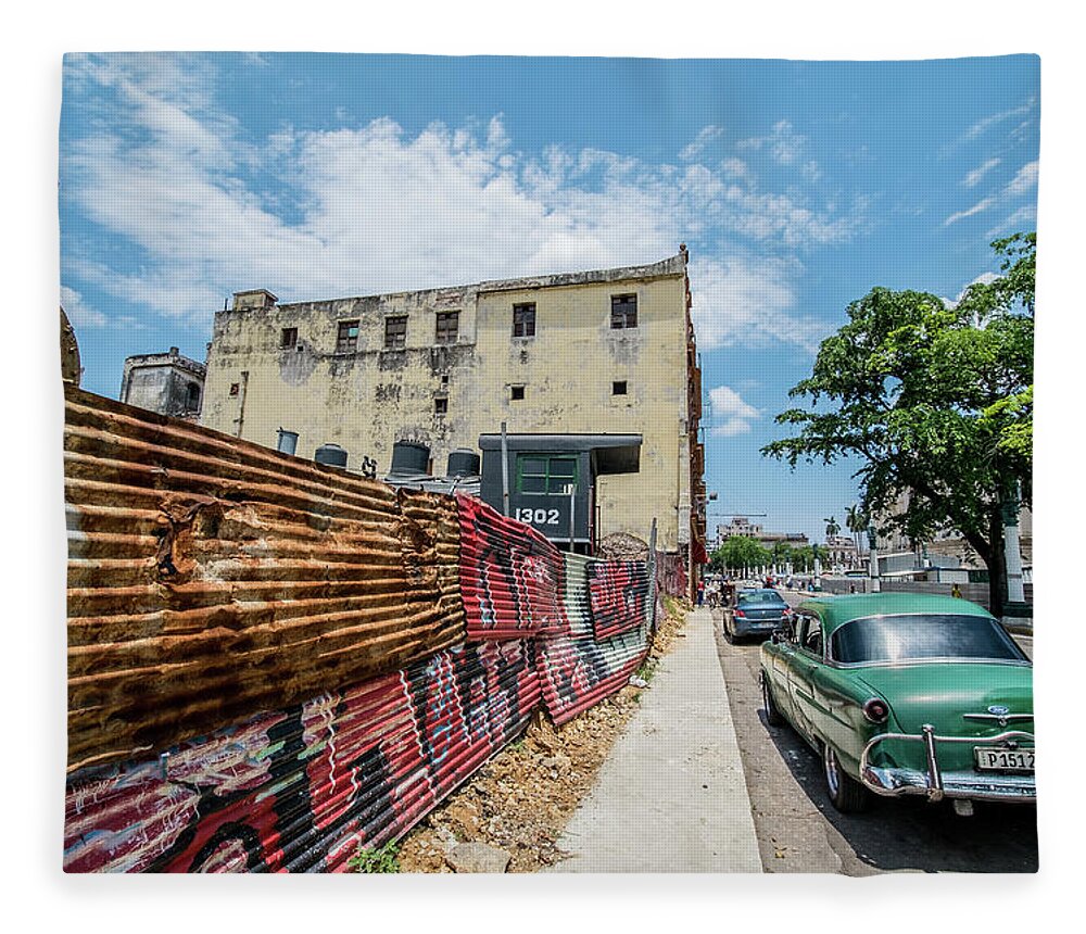 Cuba Fleece Blanket featuring the photograph Green car on the street. Havana, Cuba by Lie Yim