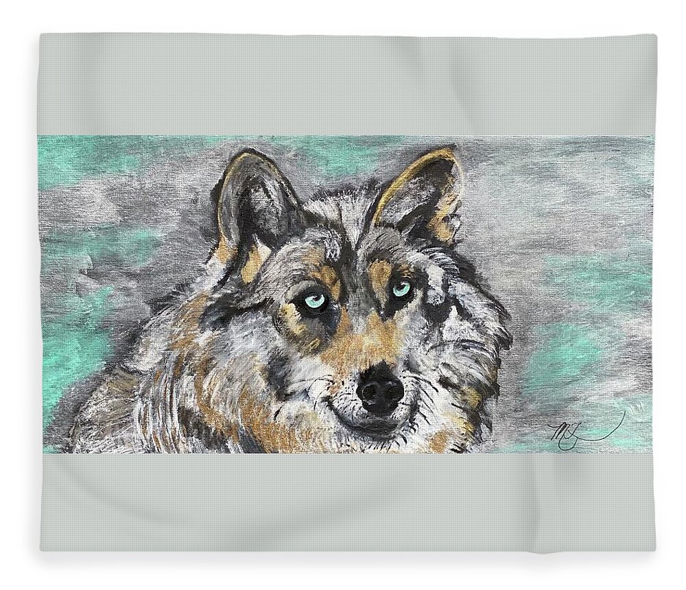 Wolf Fleece Blanket featuring the painting Green Eyes by Melody Fowler
