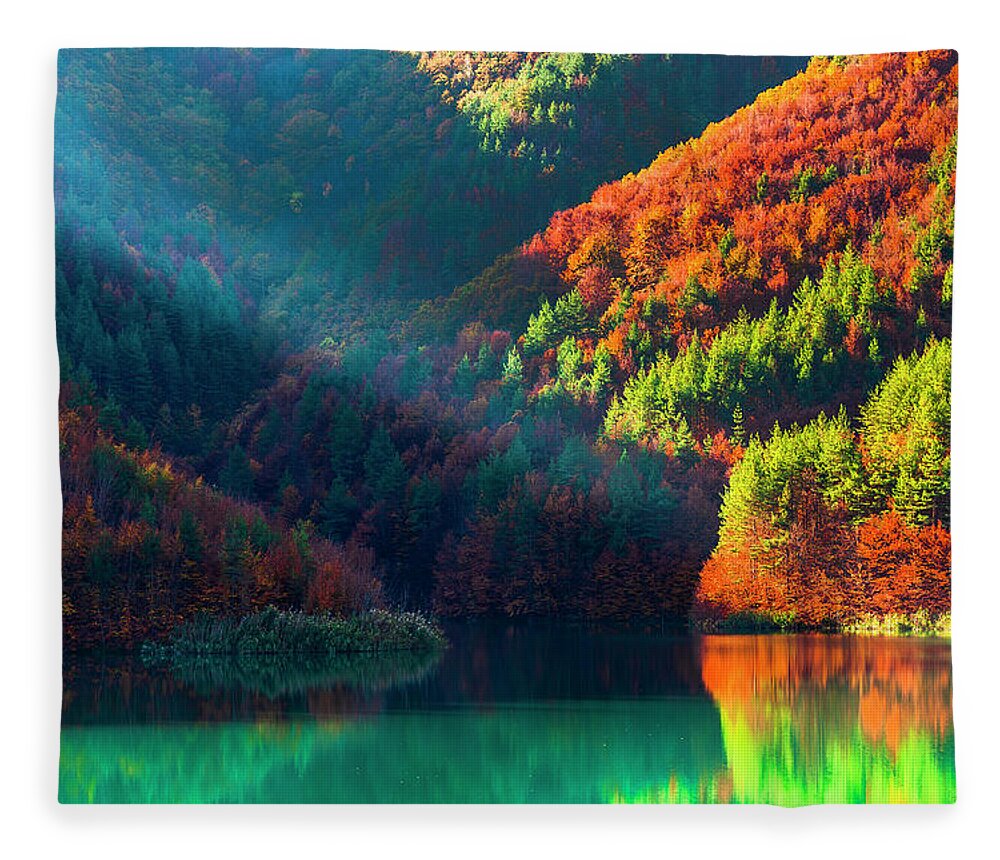 Bulgaria Fleece Blanket featuring the photograph Green Lake by Evgeni Dinev
