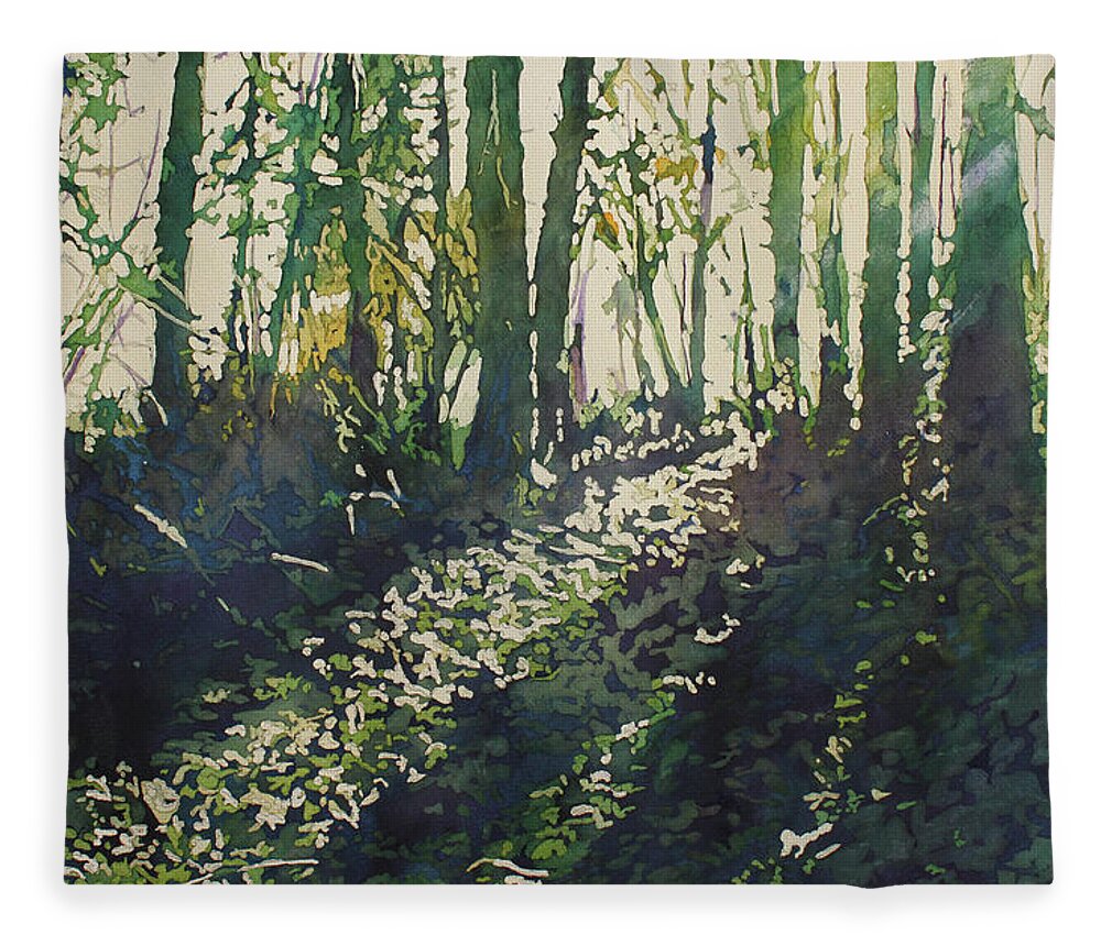 Forest Fleece Blanket featuring the painting Green Light by Jenny Armitage
