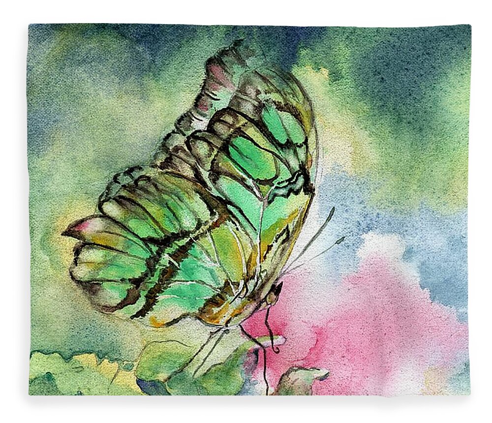 Butterfly Fleece Blanket featuring the painting Green Malachite Butterfly by Amanda Amend