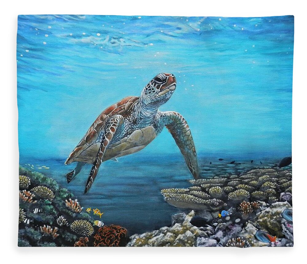 Turtle Fleece Blanket featuring the painting Green Sea Turtle by John Neeve