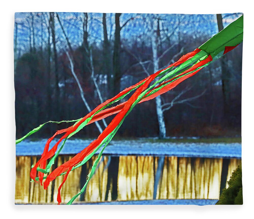 Green windsock, Green and Red Streamers Pond with reflections 0056 Fleece  Blanket by David Frederick - Pixels