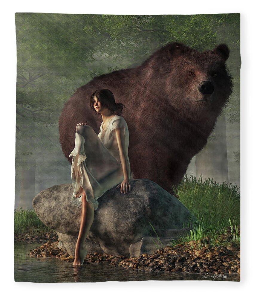 Grizzly Bear Fleece Blanket featuring the digital art Grizzly Bear and Girl in a Nightgown by Daniel Eskridge