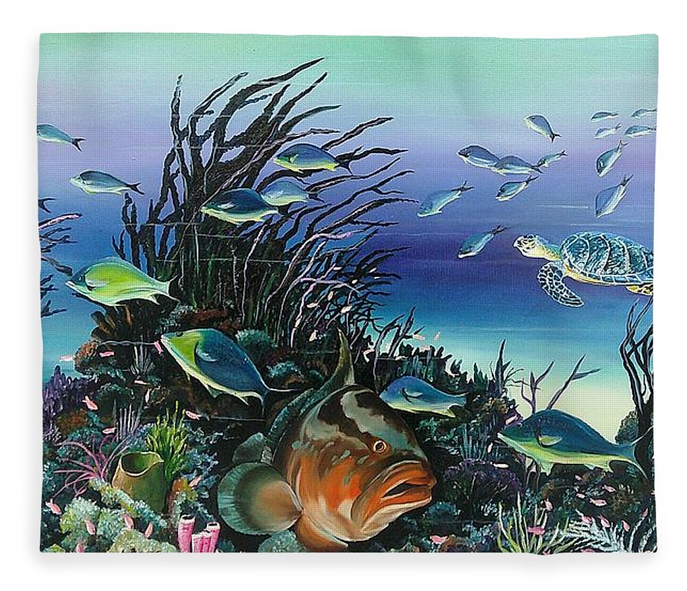  Ocean Painting Caribbean Painting Underwater Painting Coral Reef Painting Fleece Blanket featuring the painting Grumpy Grouper by Karin Dawn Kelshall- Best