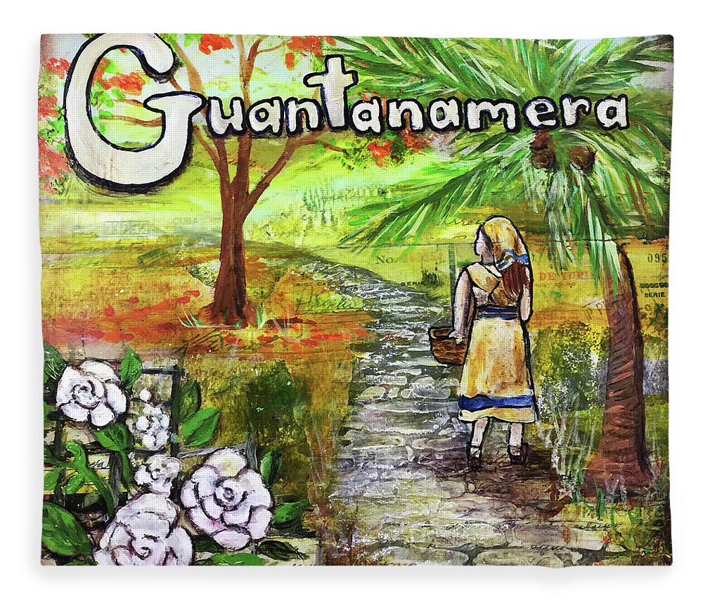 Cuba Fleece Blanket featuring the mixed media Guantanamera by Janis Lee Colon