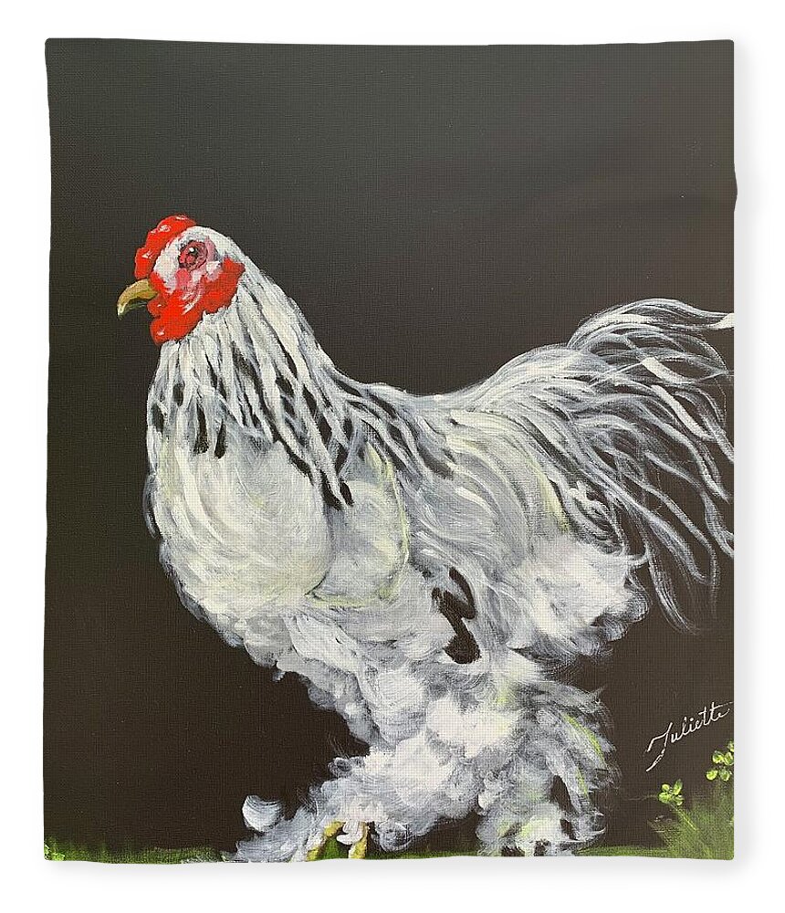 Rooster Fleece Blanket featuring the painting Guardian of the Farmyard by Juliette Becker