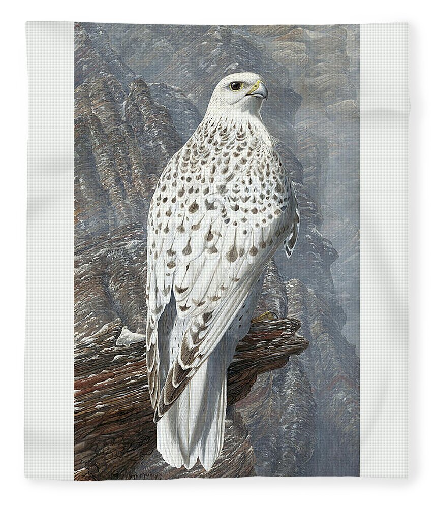 Gyrfalcon Fleece Blanket featuring the painting Gyrfalcon by Barry Kent MacKay