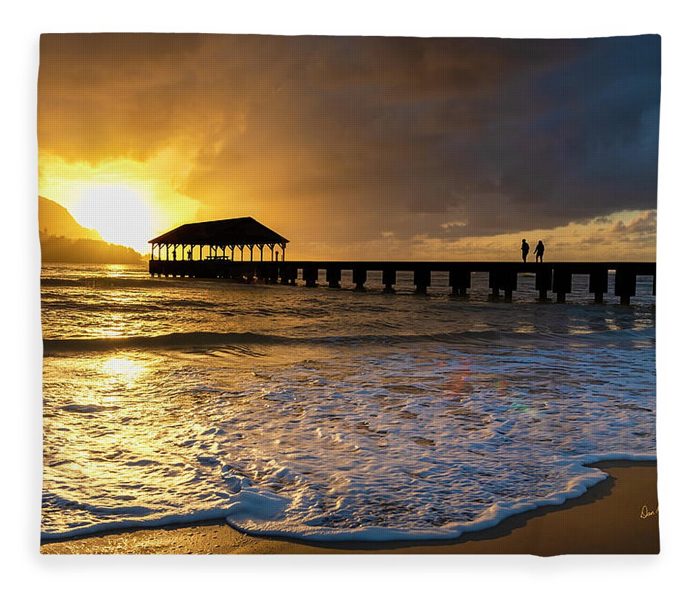 Hawaii Fleece Blanket featuring the photograph Hanalei Pier by Dan McGeorge
