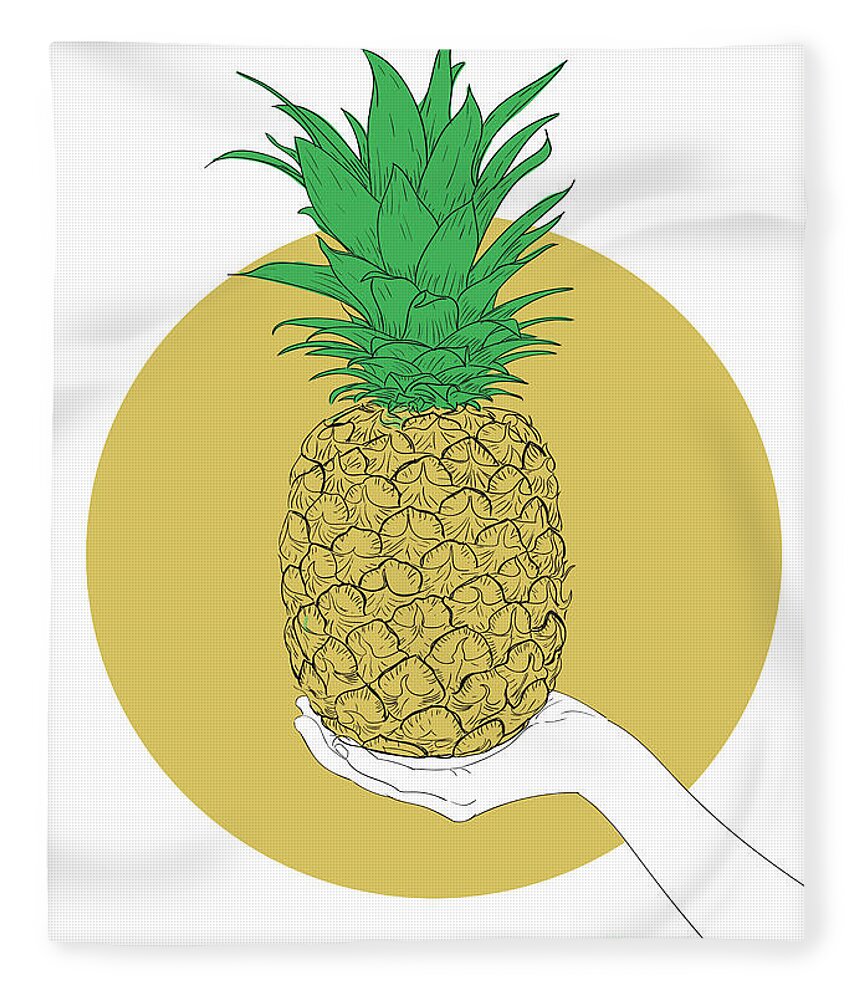Graphic Fleece Blanket featuring the digital art Hand Holding Pineapple - Line Art Graphic Illustration Artwork by Sambel Pedes