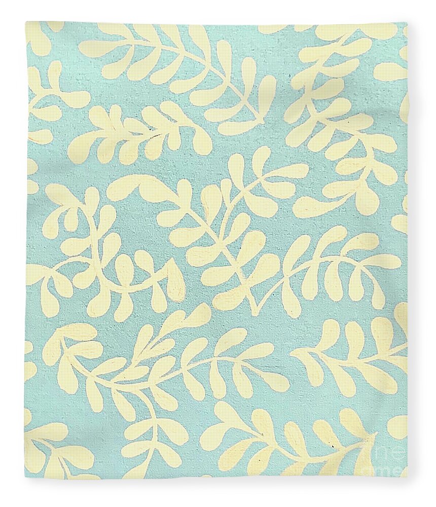 Leaf Fleece Blanket featuring the painting Hand-Painted Leaf Pattern Design, Light Blue and Cream by Christie Olstad
