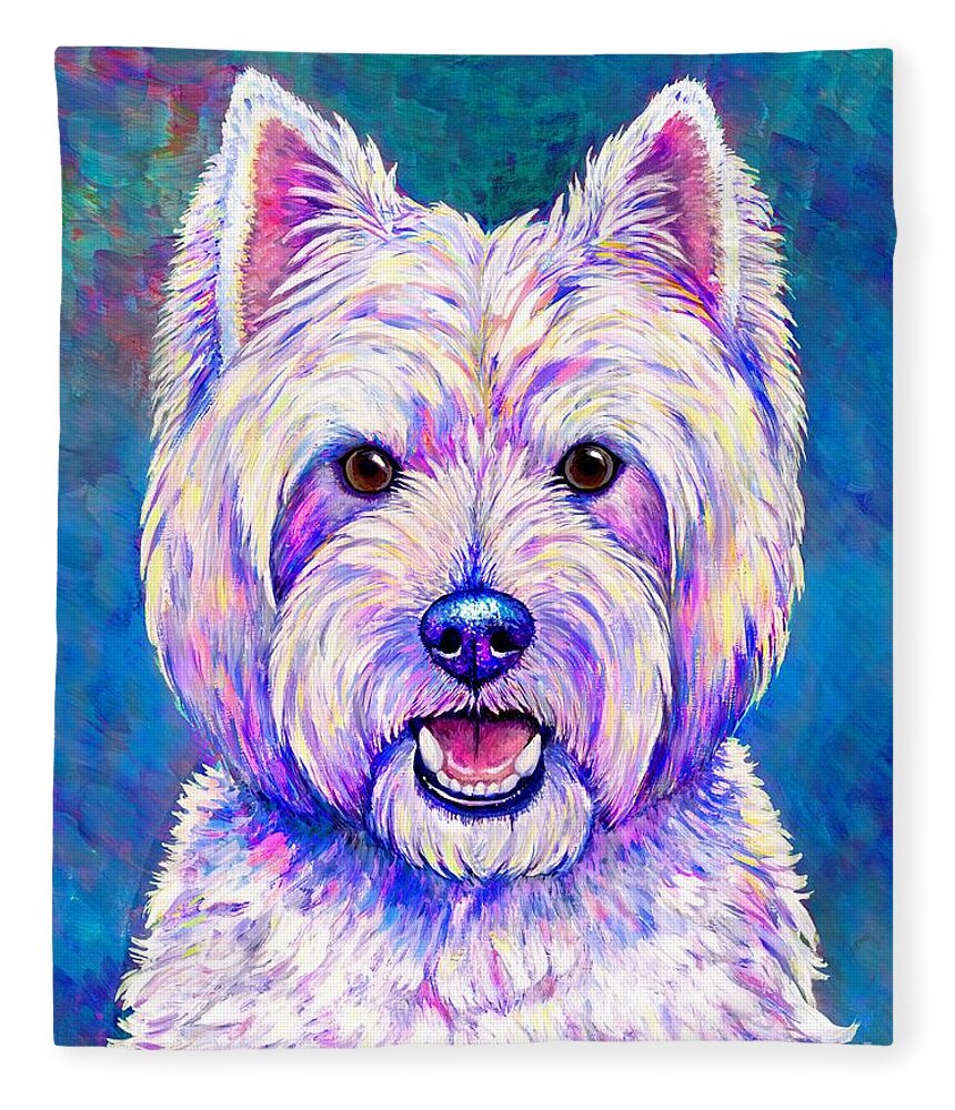 West Highland White Terrier Fleece Blanket featuring the painting Happiness - Neon Colorful West Highland White Terrier Dog by Rebecca Wang
