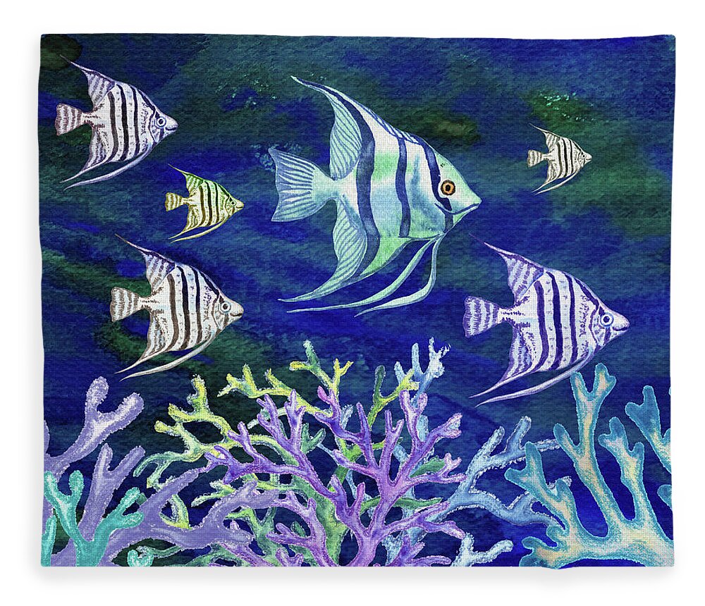 Ultramarine Fleece Blanket featuring the painting Happy Angel Fish In Ultramarine Watercolor Aquarium by Irina Sztukowski