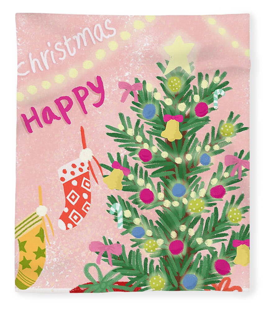 Christmas Fleece Blanket featuring the drawing Happy Christmas by Min fen Zhu
