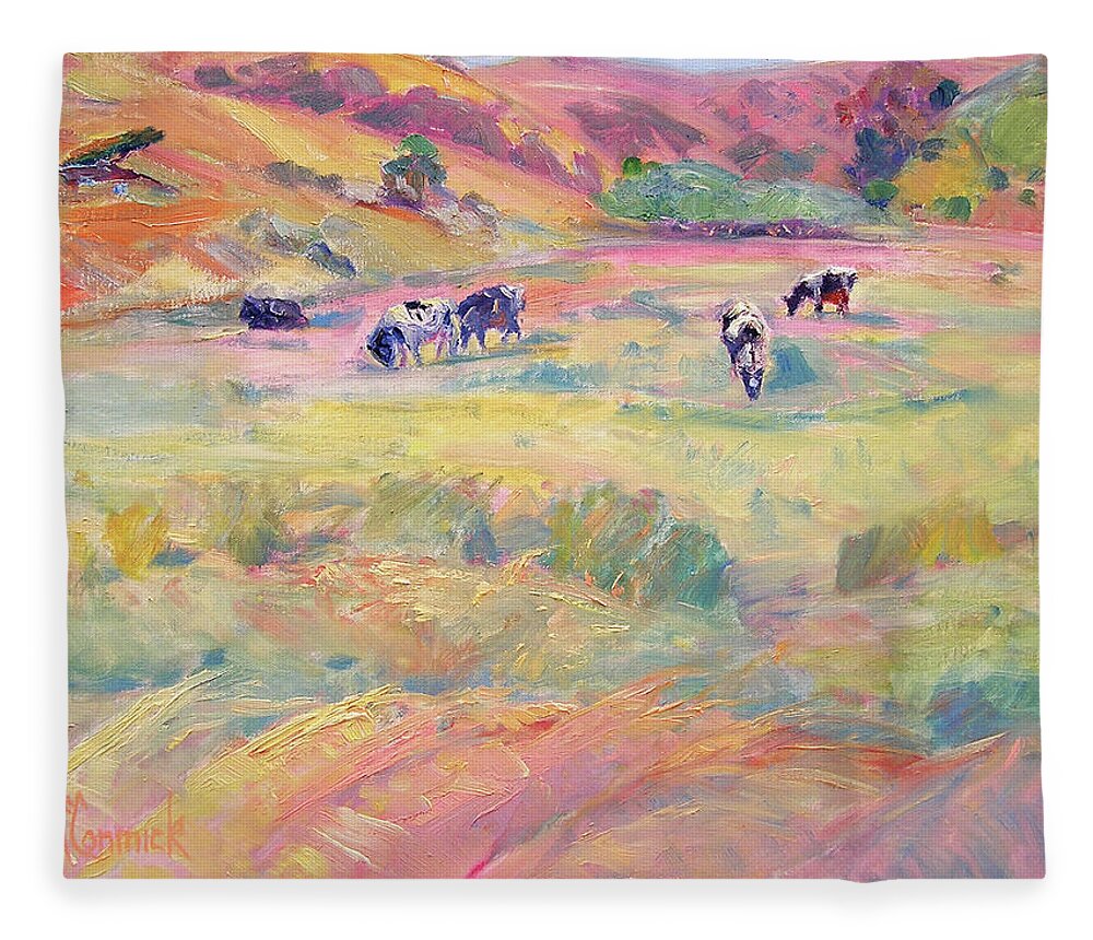 Cow Fleece Blanket featuring the painting Happy Cows, Tomales Bay by John McCormick