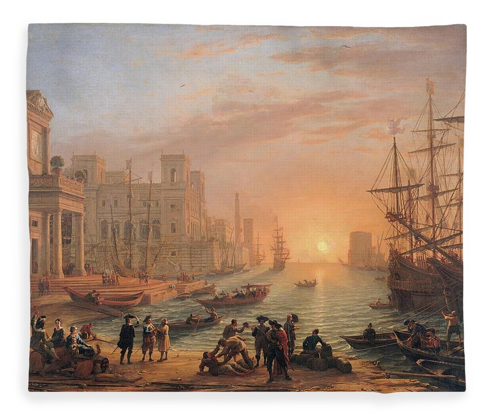 Italy Fleece Blanket featuring the painting Harbour Scene at Sunset by MotionAge Designs