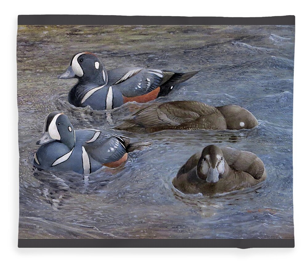 Harlequin Duck Fleece Blanket featuring the painting Harlequin Ducks by Barry Kent MacKay