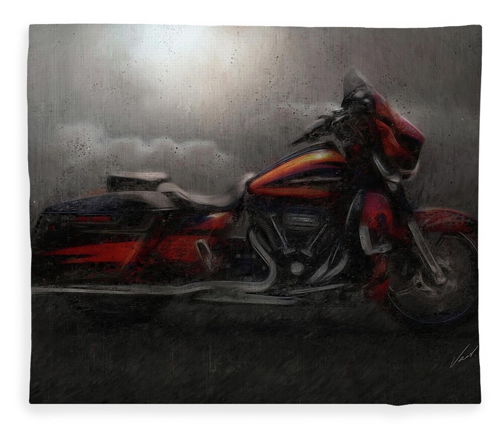 Motorcycle Fleece Blanket featuring the painting Harley-Davidson STREET GLIDE orange Motorcycle by Vart by Vart
