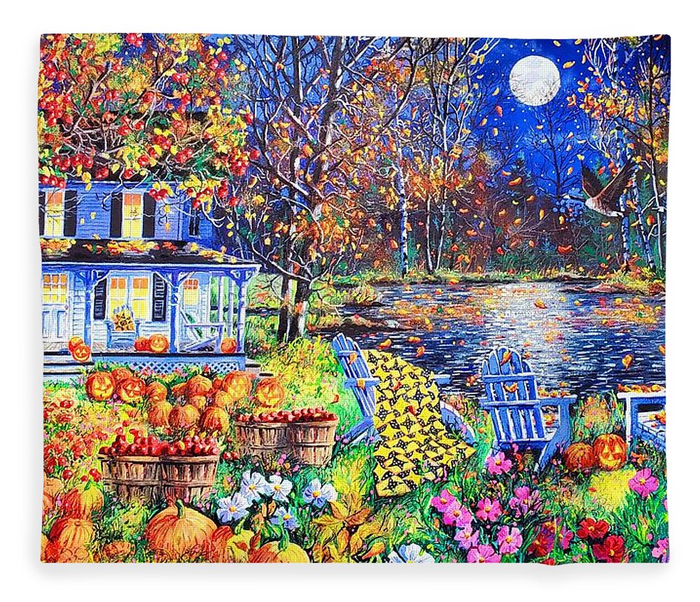 Harvest Moon Featuring A Full Moon On A Halloween Evening Fleece Blanket featuring the painting Harvest Moon by Diane Phalen