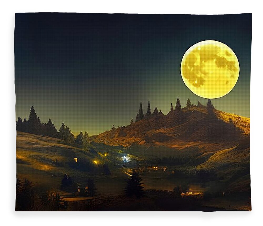 Digital Fleece Blanket featuring the digital art Harvest Moon Over Farm by Beverly Read