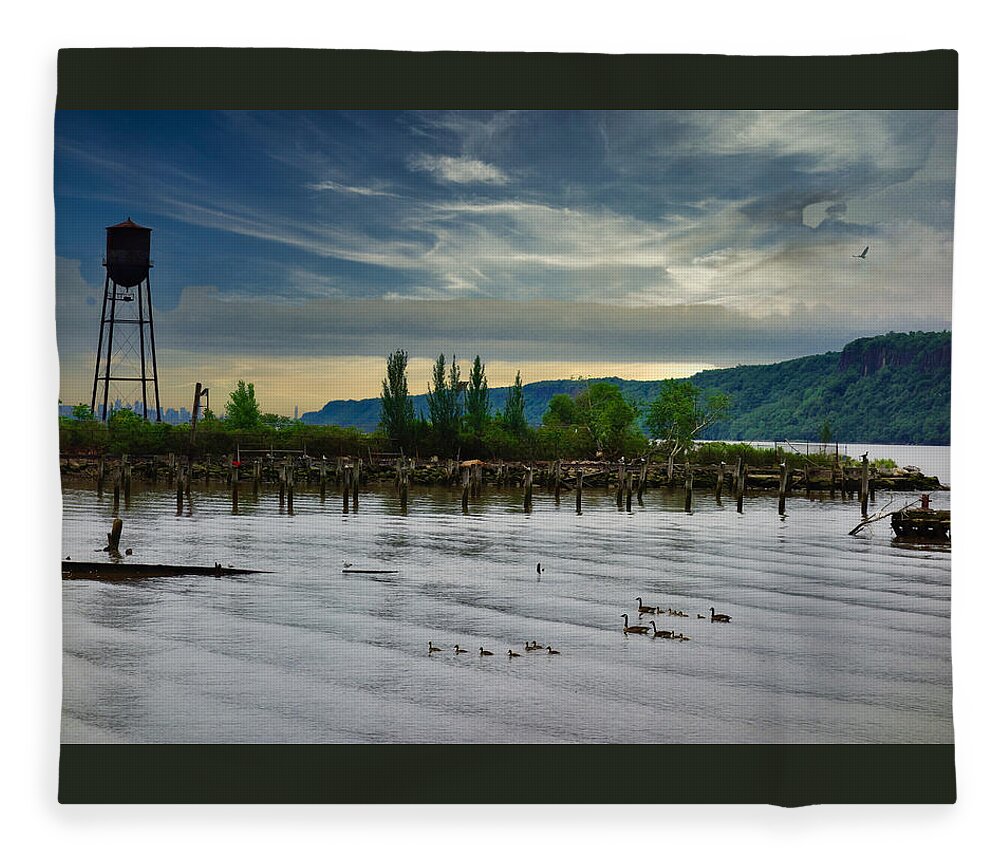 Hudson Fleece Blanket featuring the photograph Hastings on Hudson Water Tower Ducks and Eagle by Russ Considine