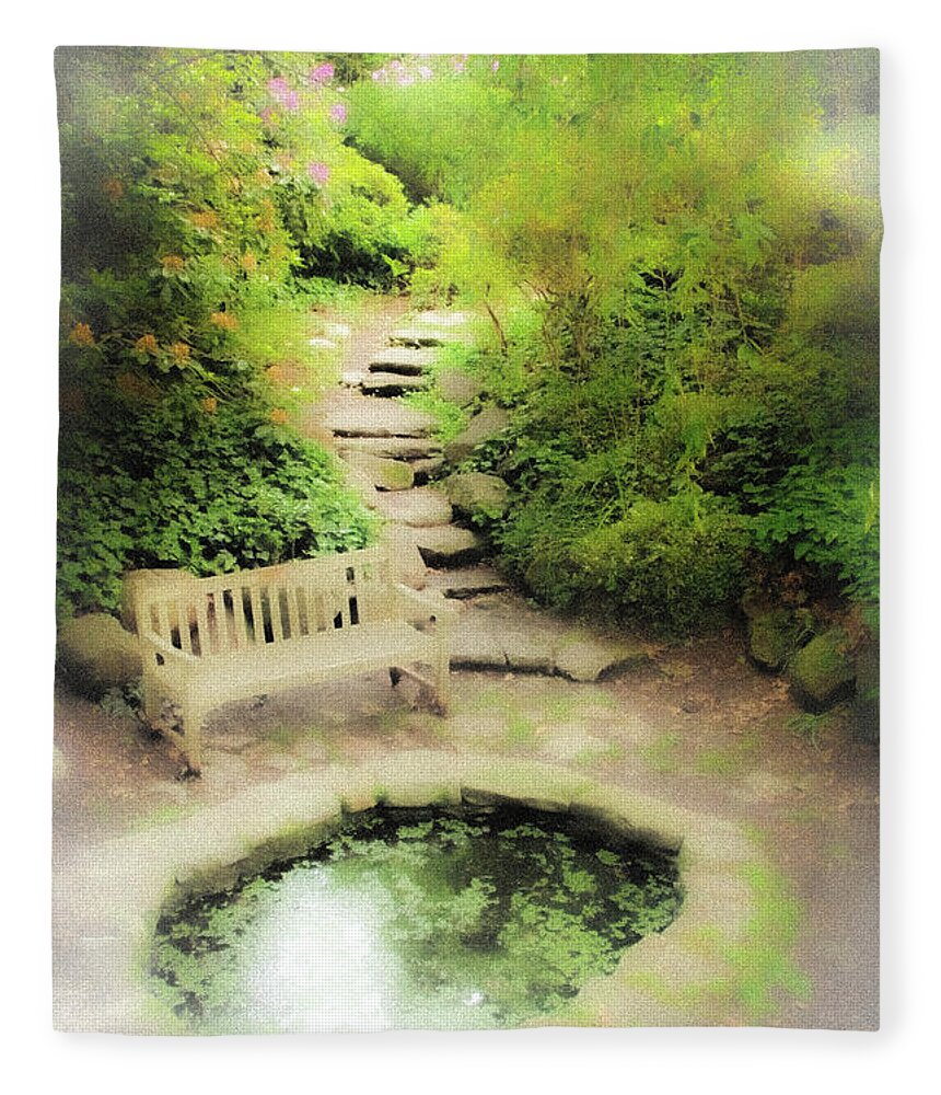 Pond Water Bench Stone Steps Fog Fleece Blanket featuring the photograph Hazy Pond by John Linnemeyer
