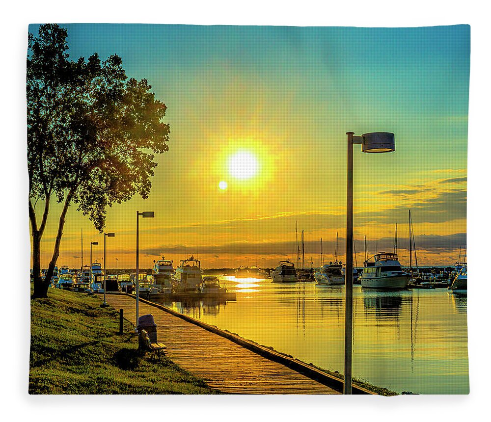 H.d.r. Hdr Sunrise Winthrop Harbor Illinois Tree Reflection Blue Yellow Boats Bench Boardwalk Fleece Blanket featuring the photograph H.D.R. Sunrise in Winthrop Harbor, Illinois by David Morehead